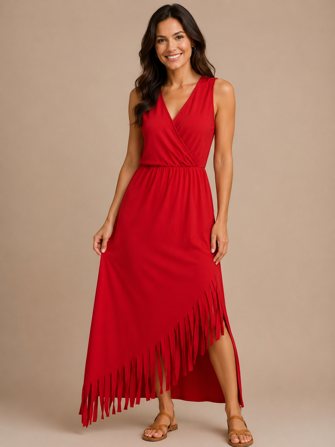 Fringe Hem Wrap Maxi Dress
