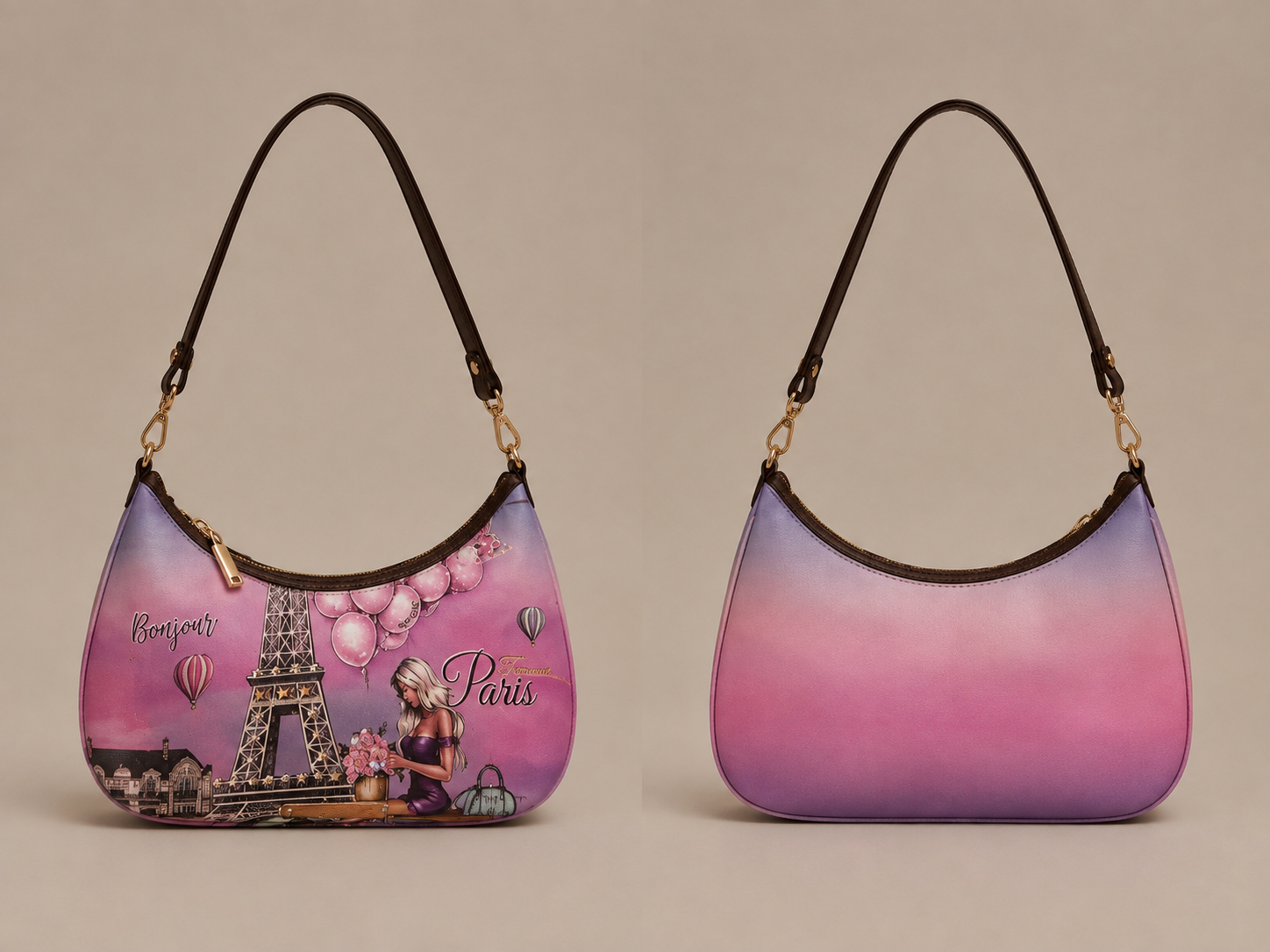 Paris Print Crescent Shoulder Bag