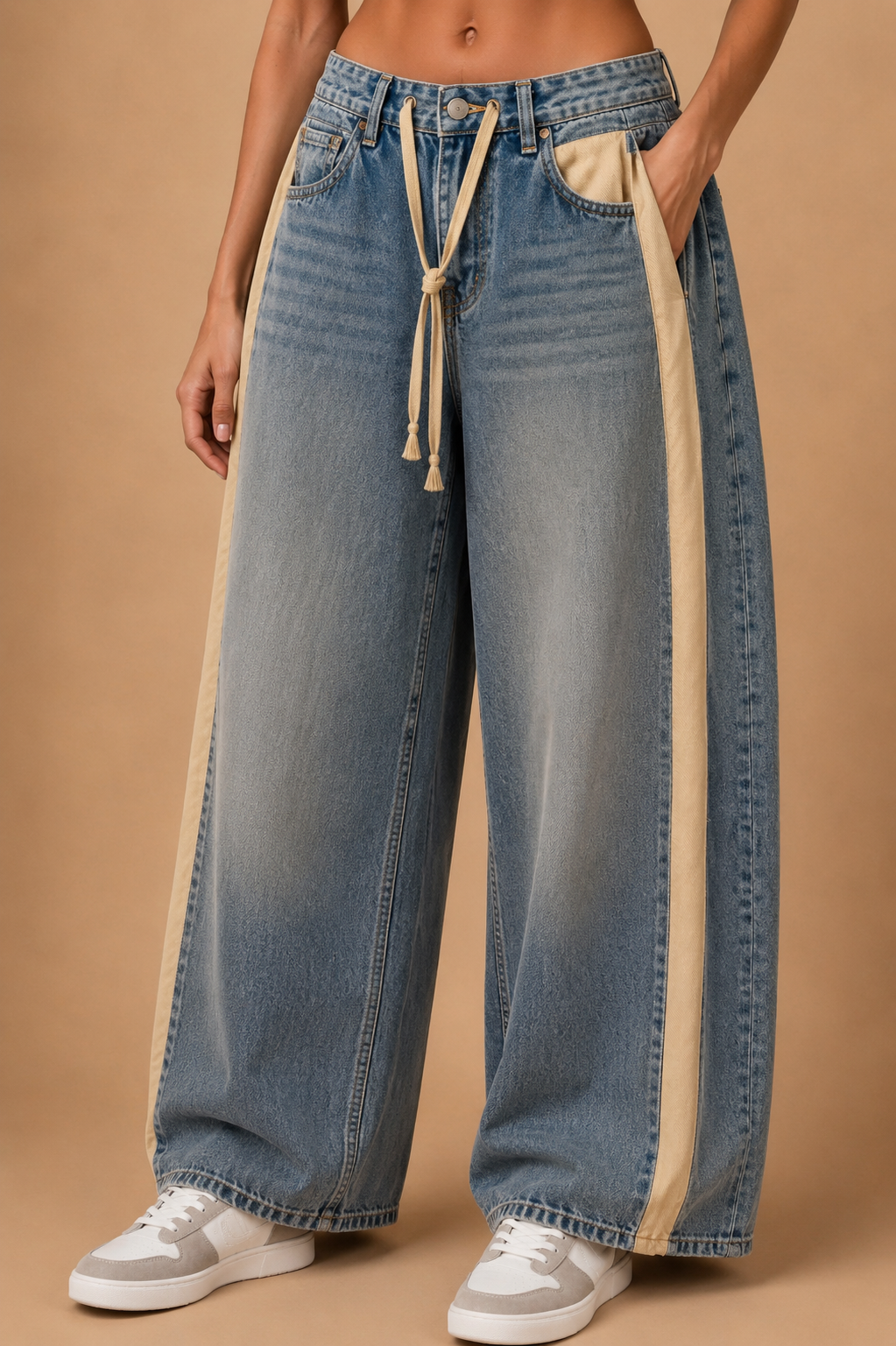 Cream Panel Wide-Leg Jeans