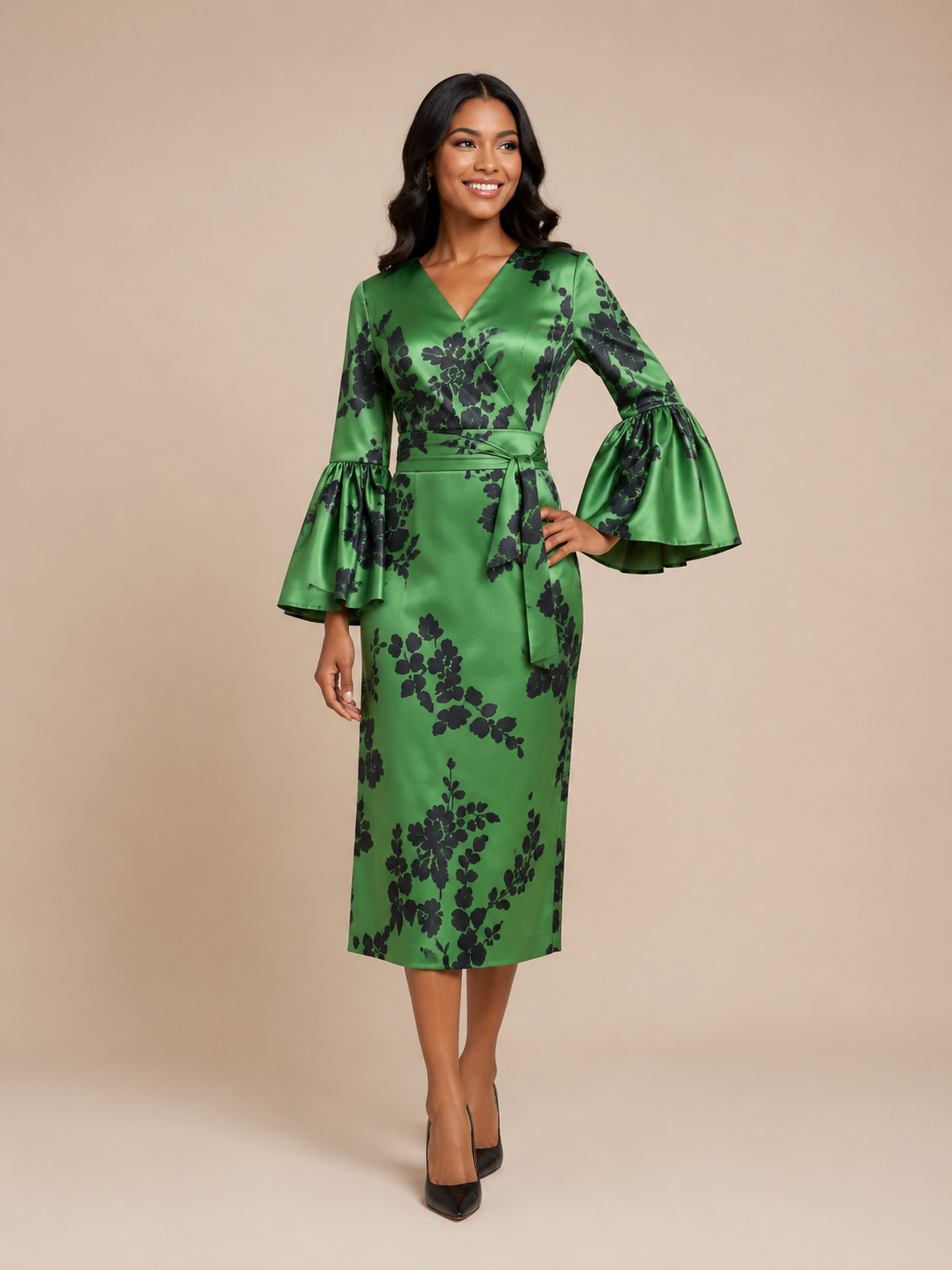Emerald Floral Bell Sleeve Dress