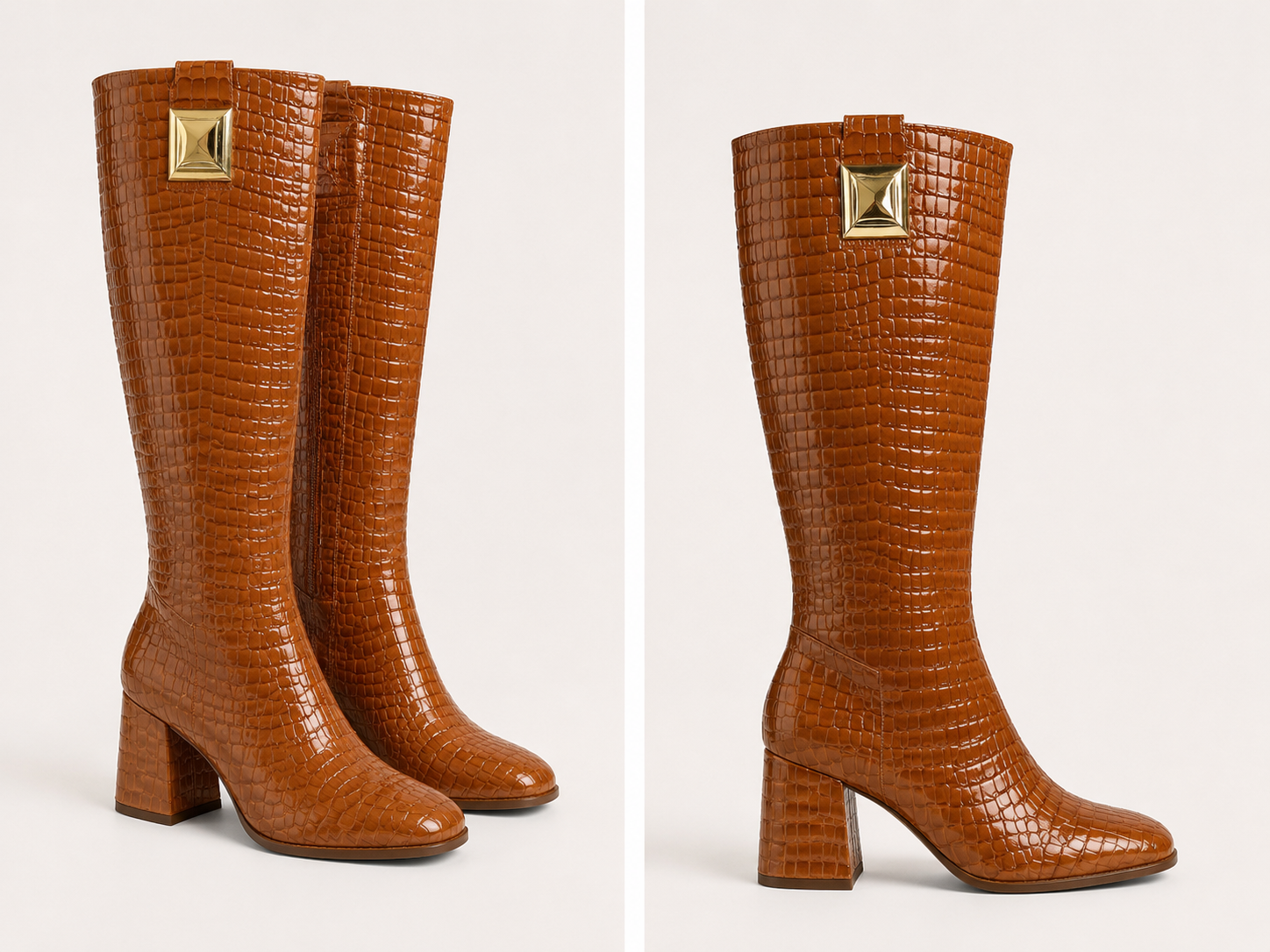 Cognac Croc-Embossed Knee Boots