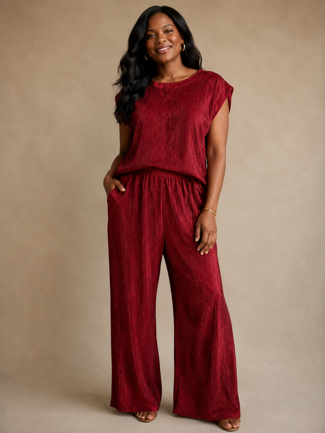 Crinkle Shimmer Cap-Sleeve Set