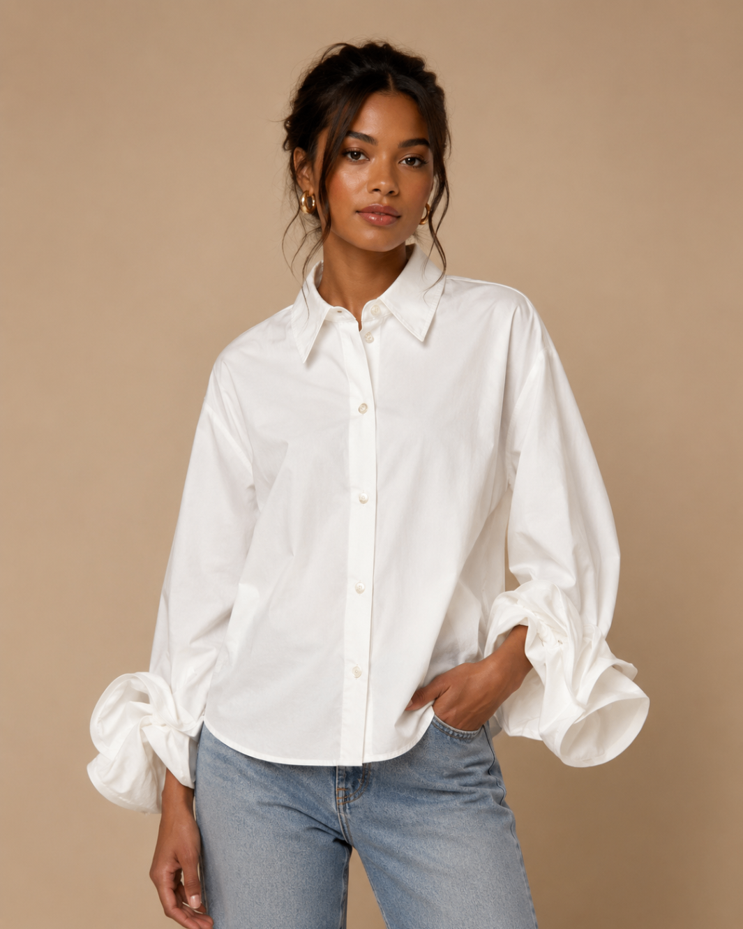 White Balloon Cuff Poplin Shirt