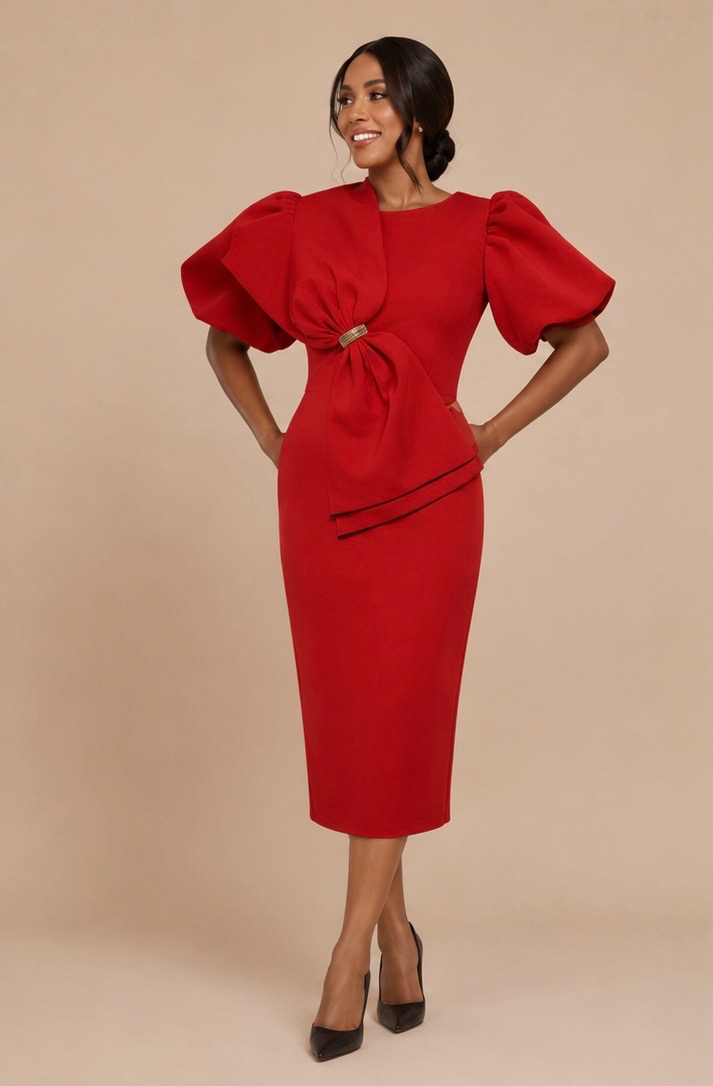 Puff Sleeve Bow Midi Dress