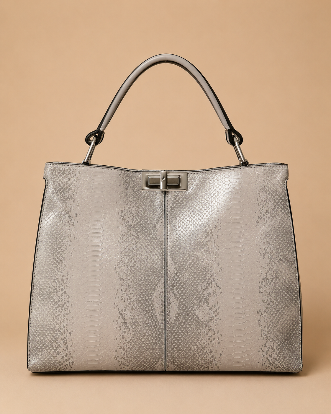 Silver Snakeskin Lock Tote