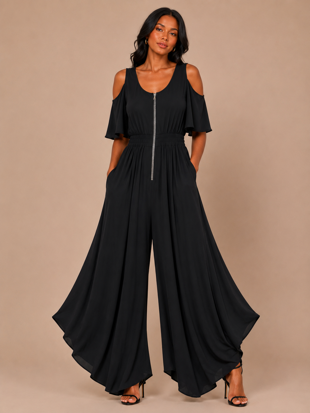 Frank Lyman Cold-Shoulder Zip Harem Romper