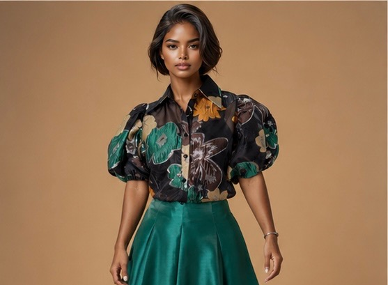 Emerald Organza Floral Blouse