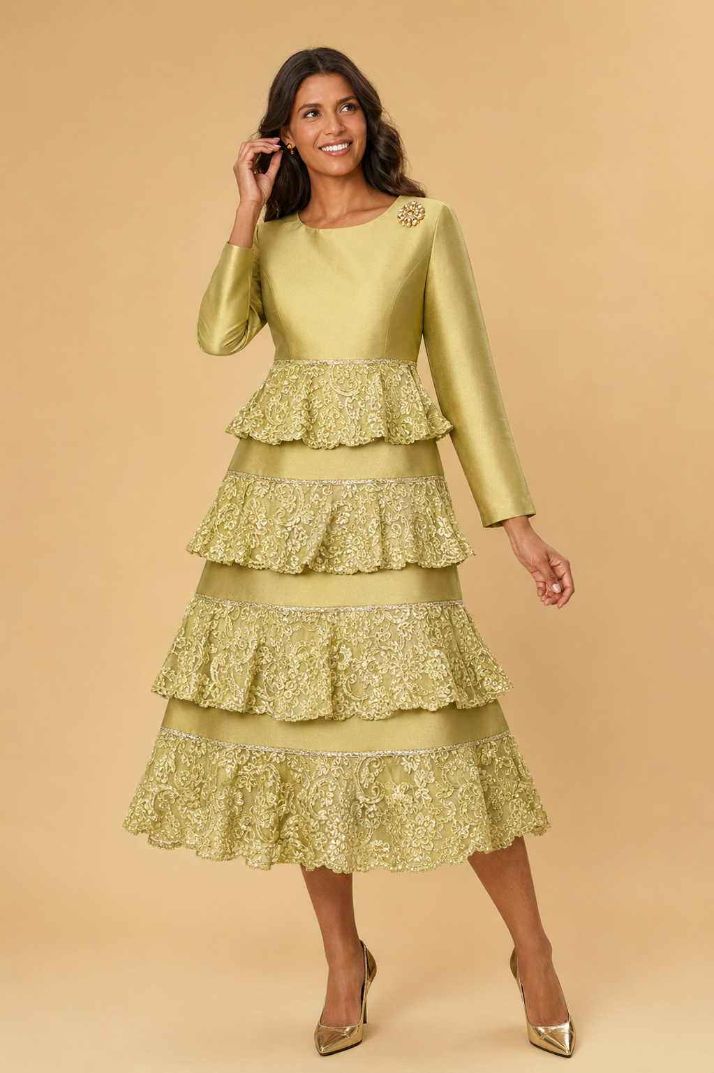 Chartreuse Tiered Lace Dress