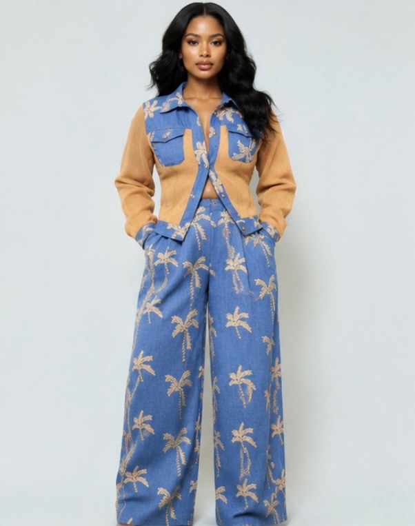 Palm Print Denim Set