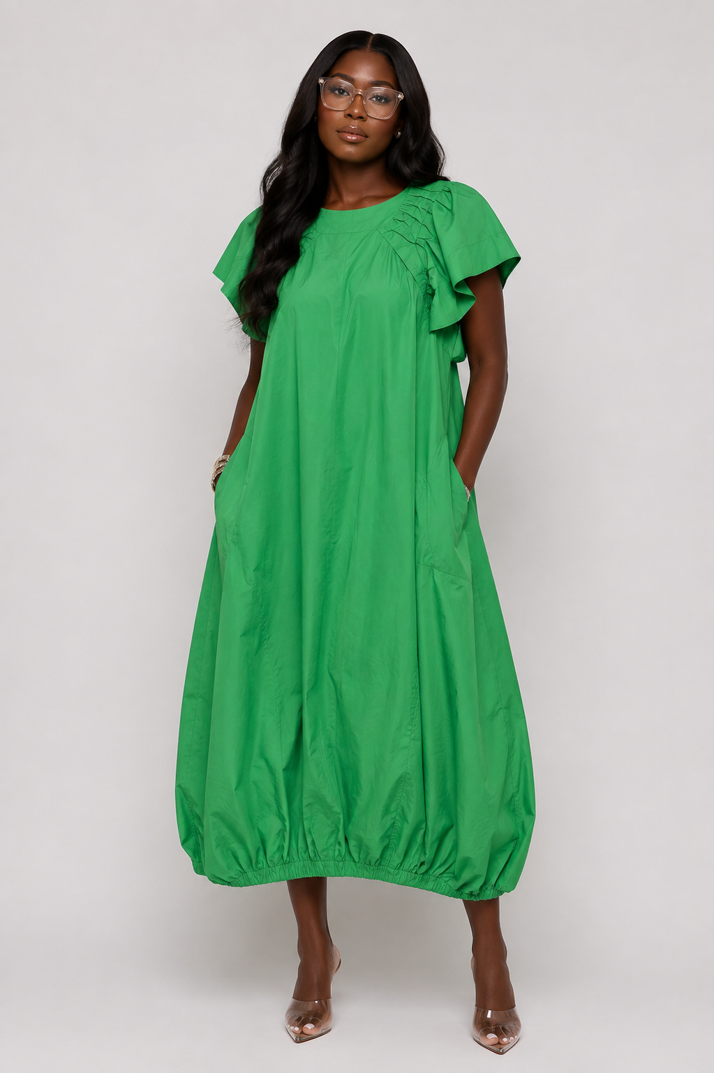 Green Flutter Sleeve Bubble-Hem Maxi Dress