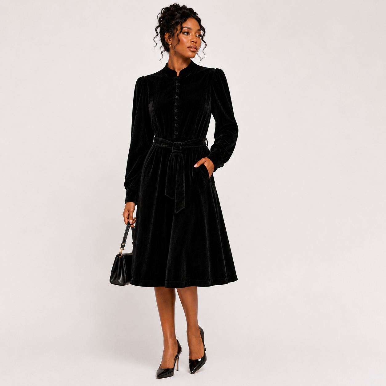 Black Velvet Button Front Dress