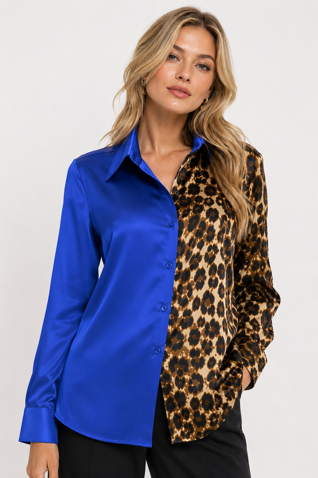 Leopard Colorblock Satin Blouse