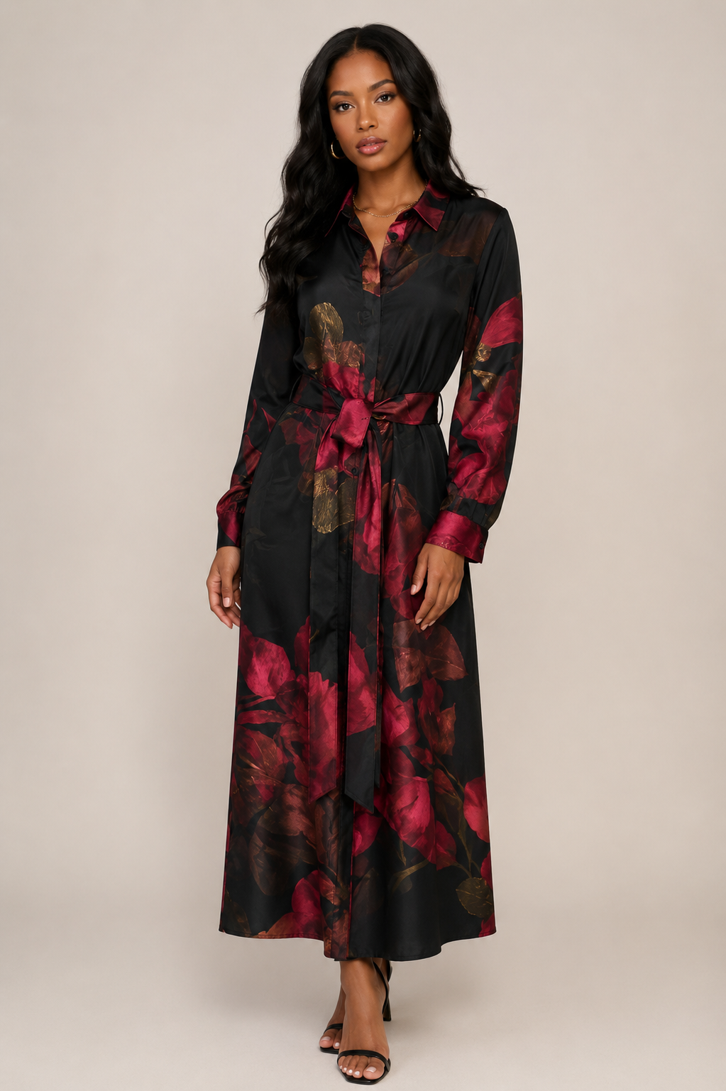 Black & Burgundy Floral Shirt Dress