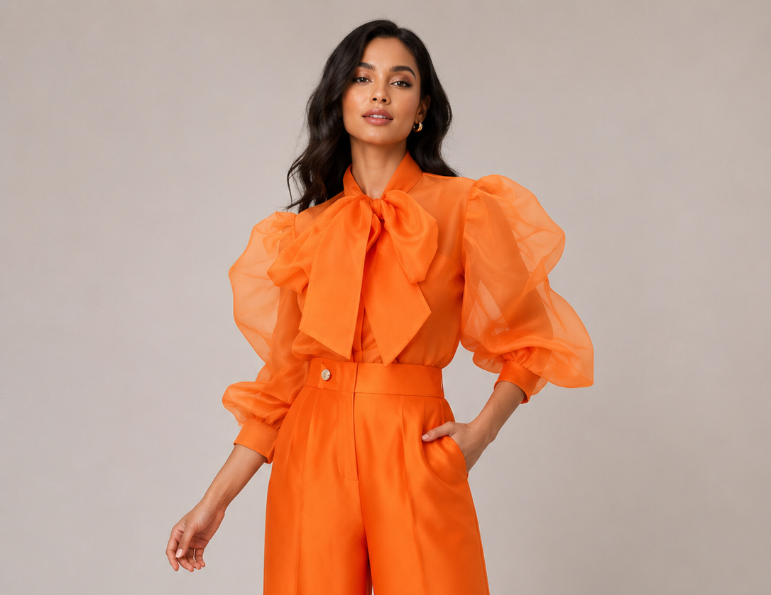 Tangerine Pussy-Bow Blouse