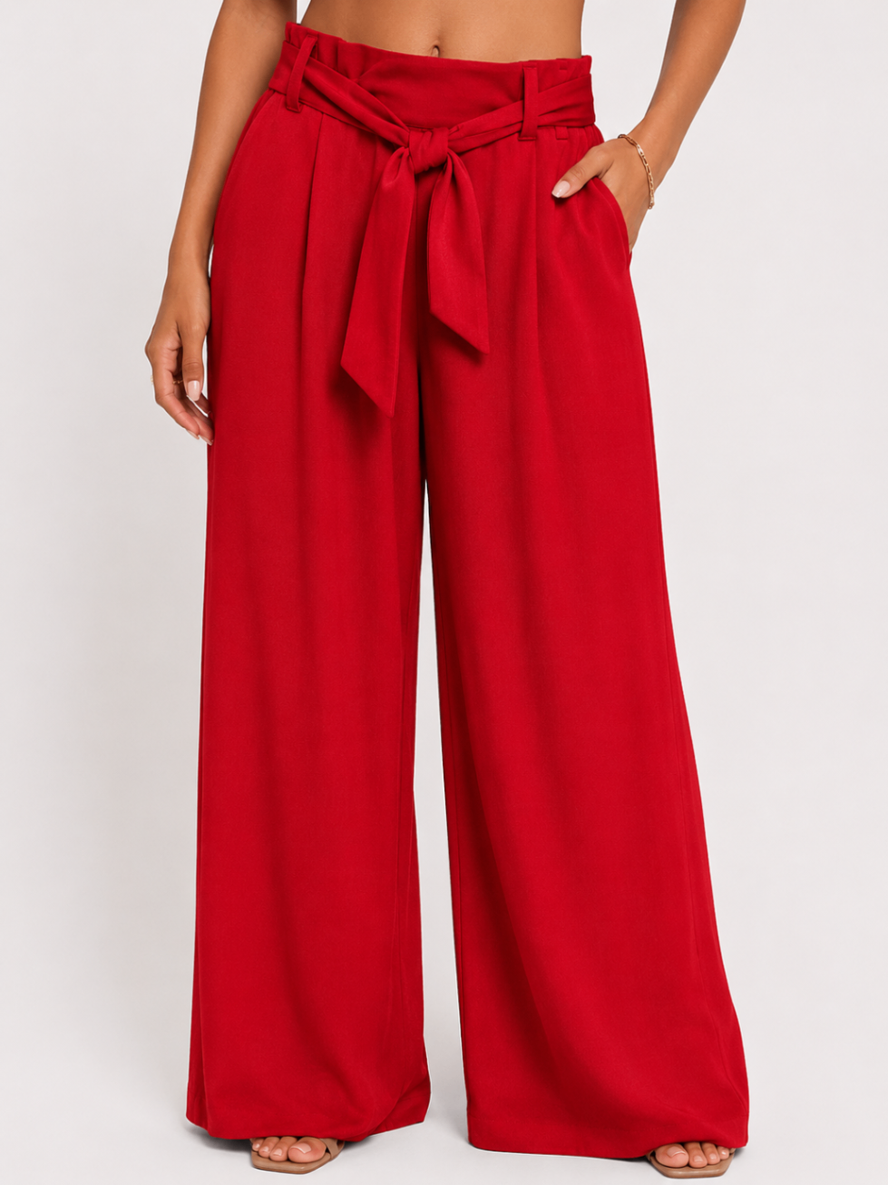 Red Tie-Waist Wide-Leg Trousers