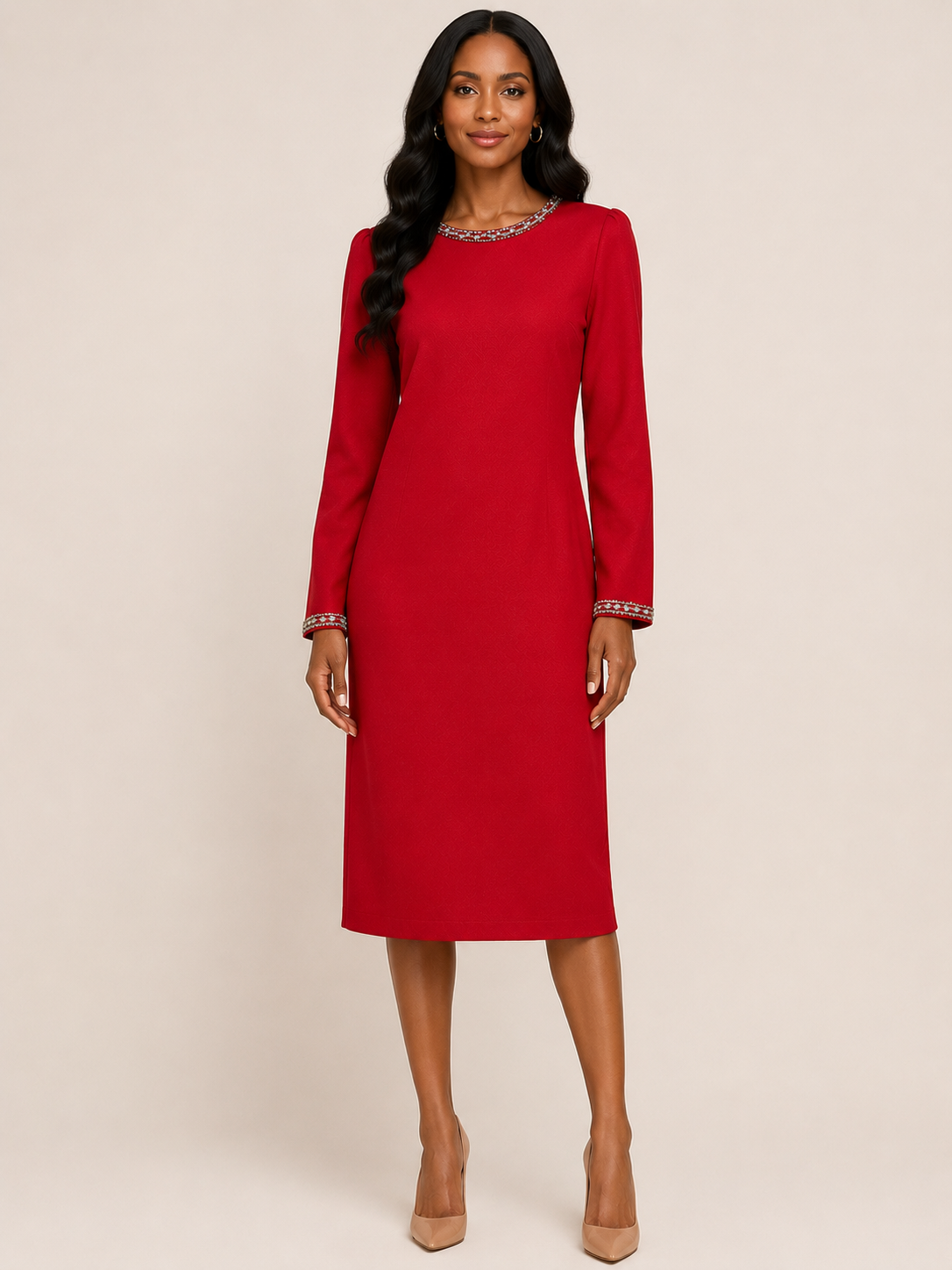 Red Jeweled Trim Midi Dress