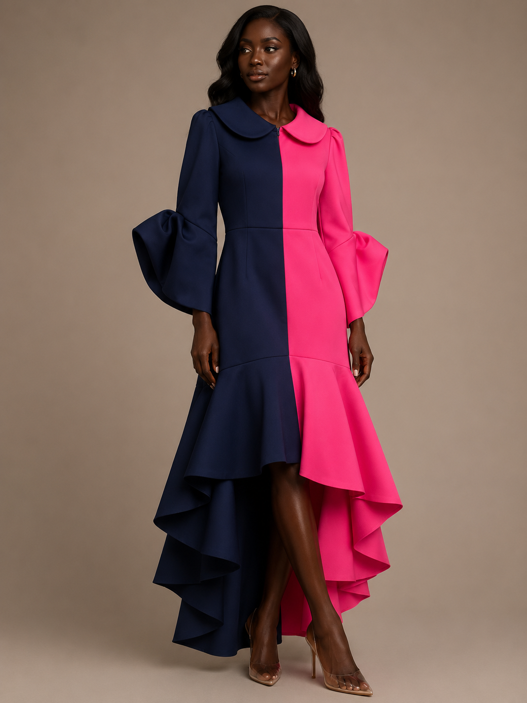 Navy & Fuchsia Colorblock Ruffle Gown