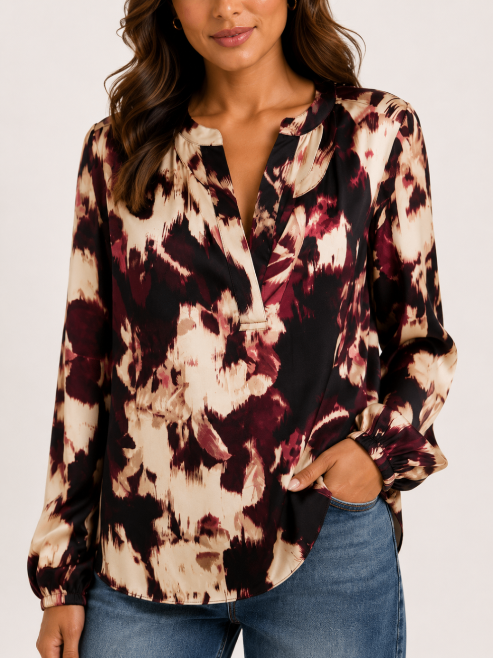Burgundy Abstract V-Neck Blouse