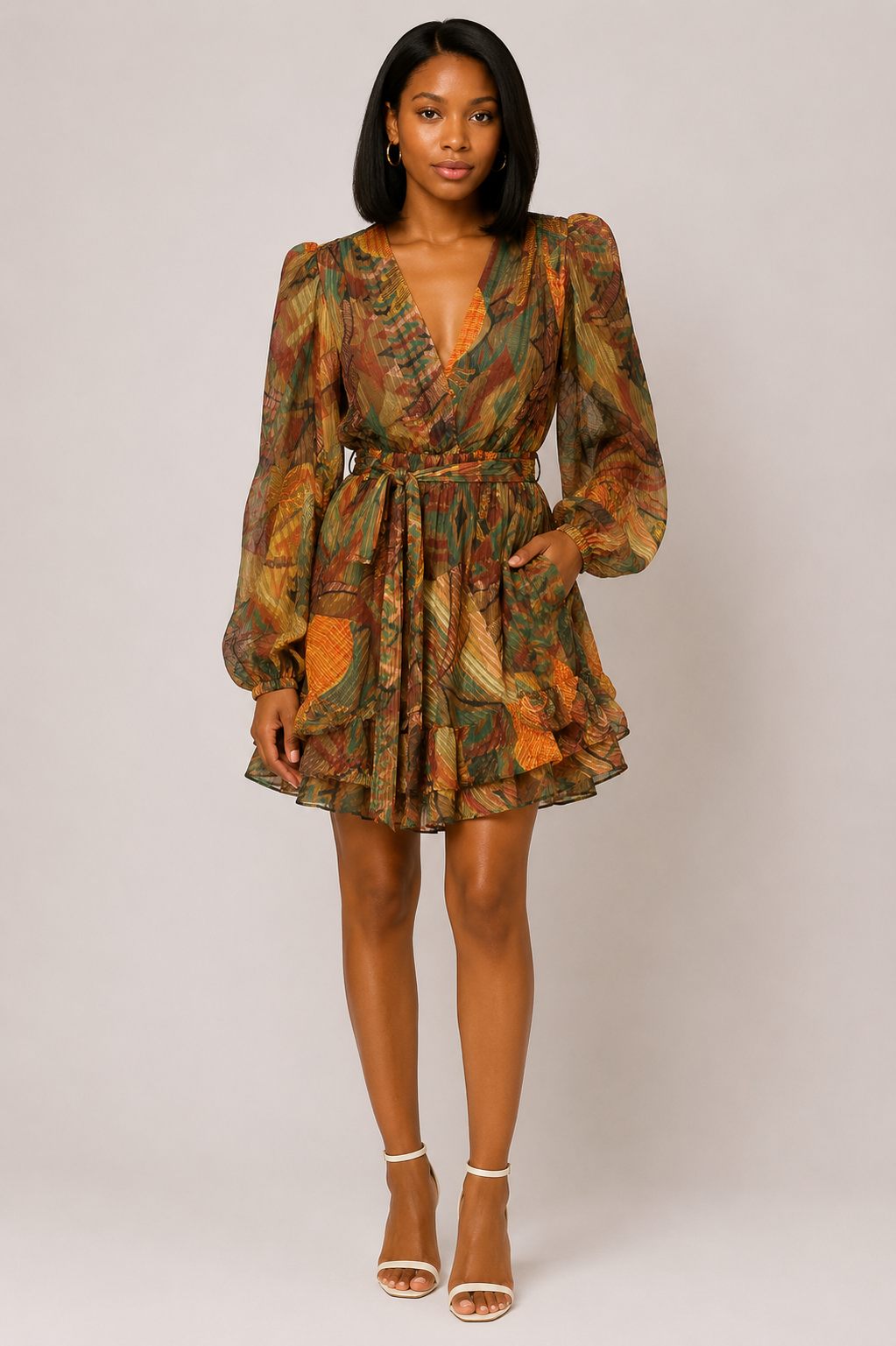 Autumn Abstract Ruffle Mini Dress