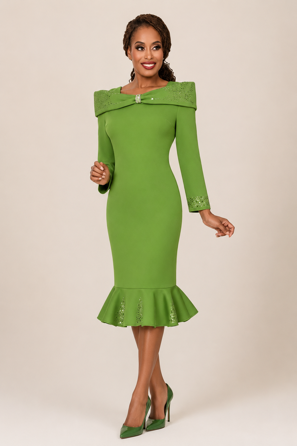 Emerald Portrait Collar Fluted Dress