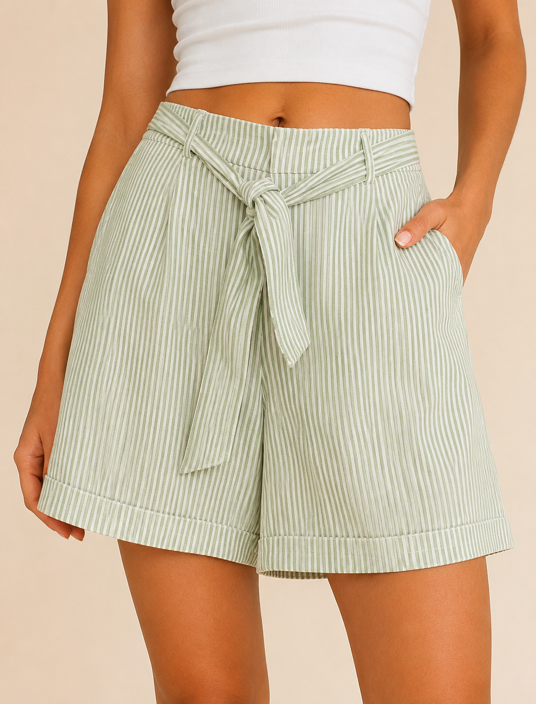 Sage Striped Belted Shorts