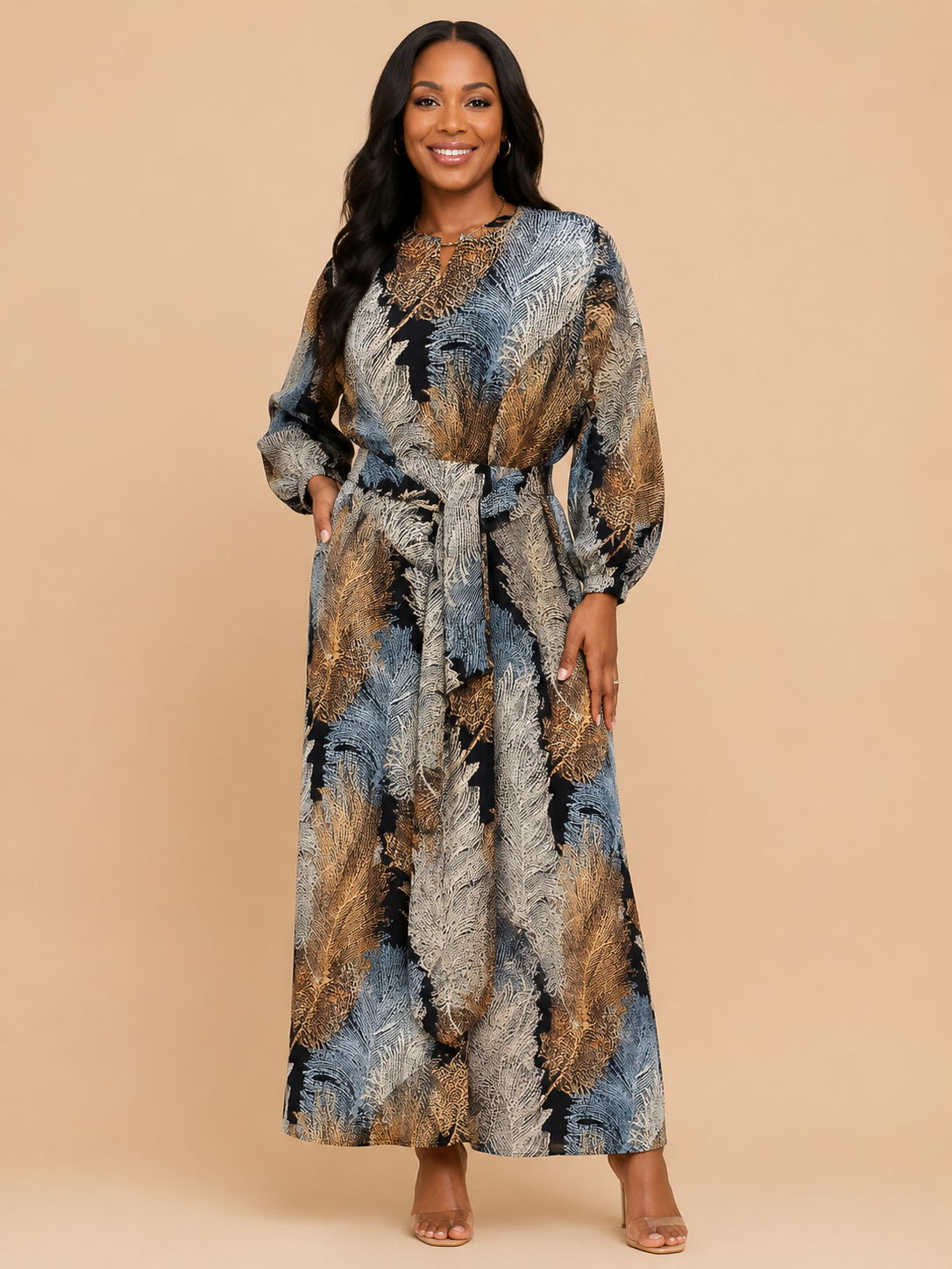 Feather Print Belted Maxi Dress