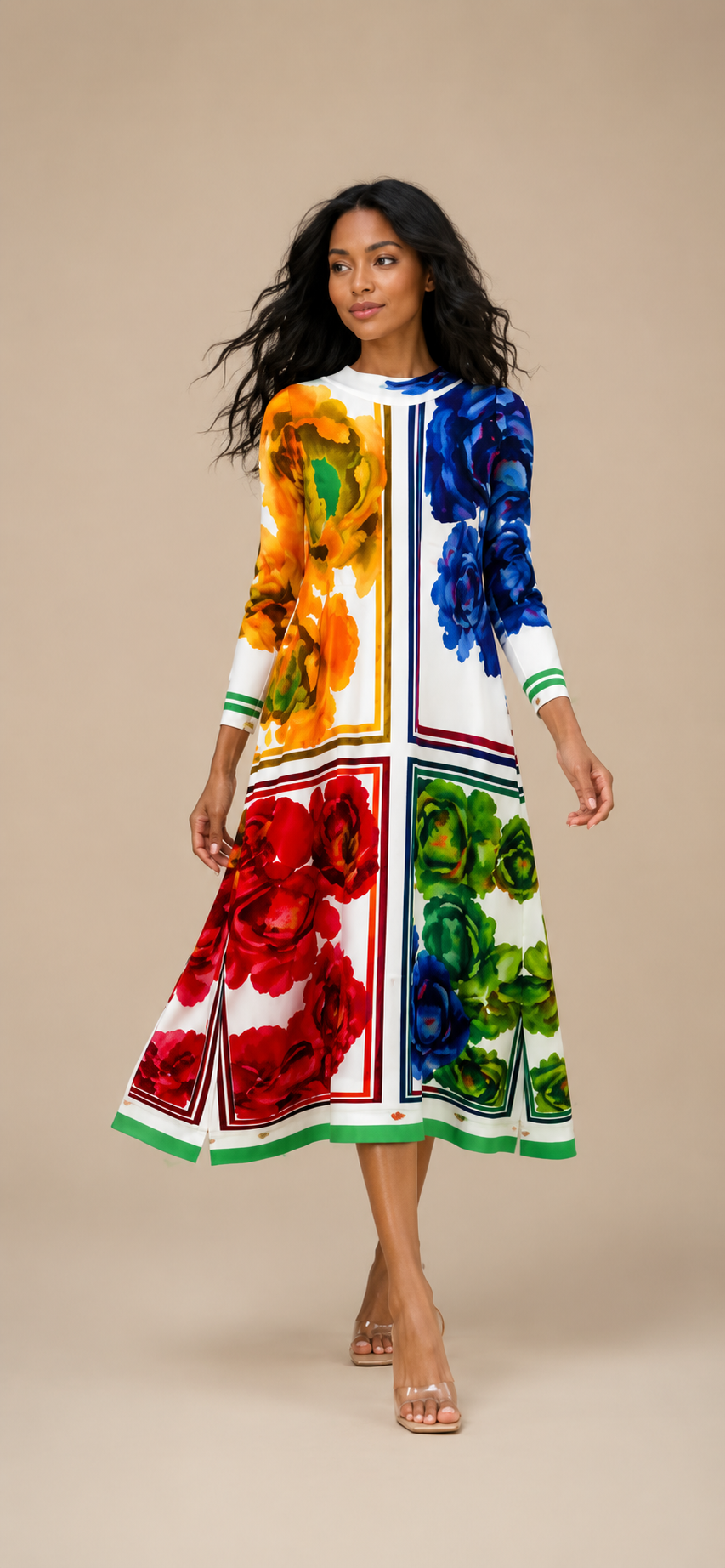 Watercolor Rose Panel Midi Dress