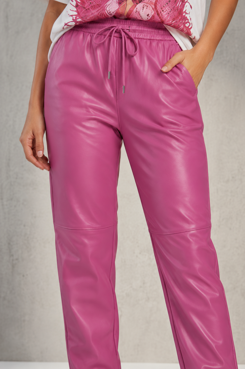 Pink Faux Leather Drawstring Pants