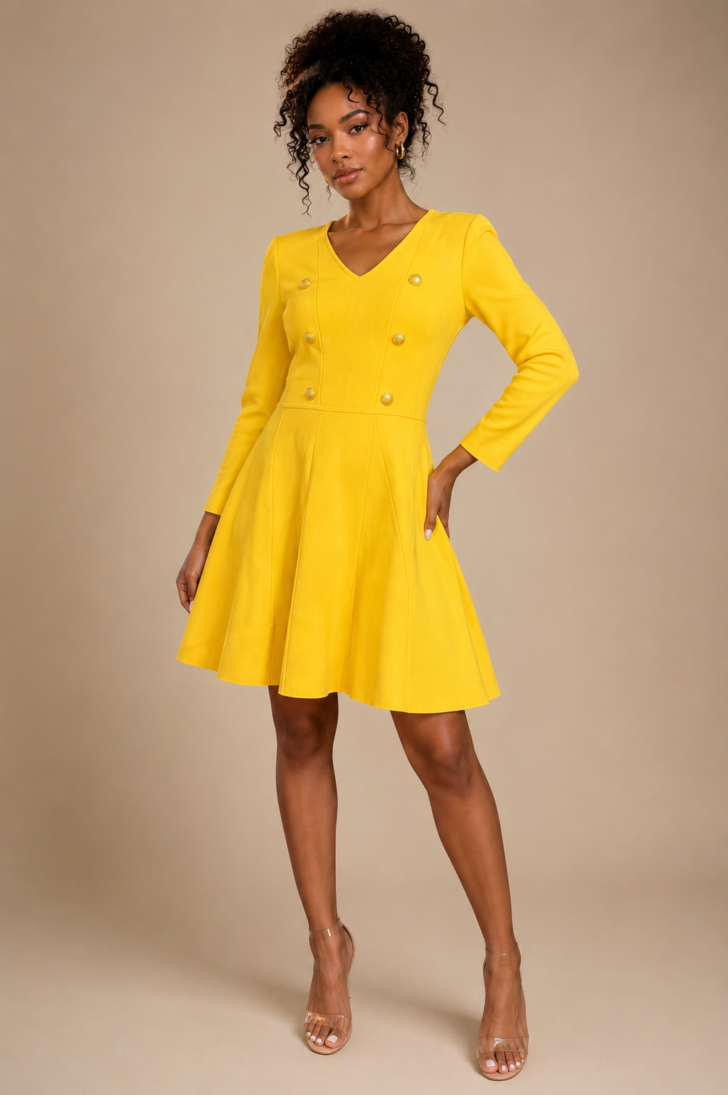 Gold Button Flare Dress