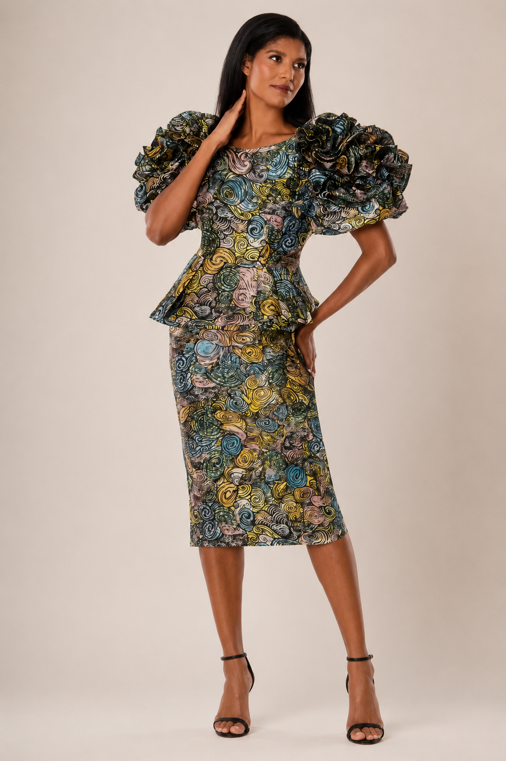 Swirl Print Ruffle Peplum Set