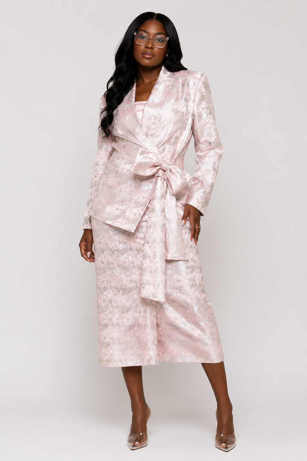 Blush Metallic Jacquard Tie-Waist Skirt Suit