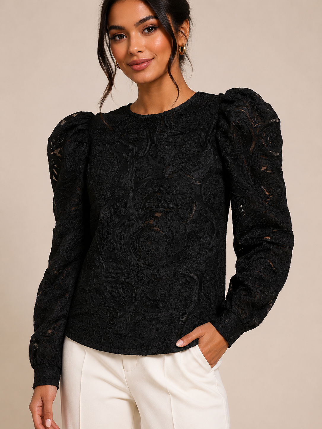 Black Rose Lace Puff Sleeve Top