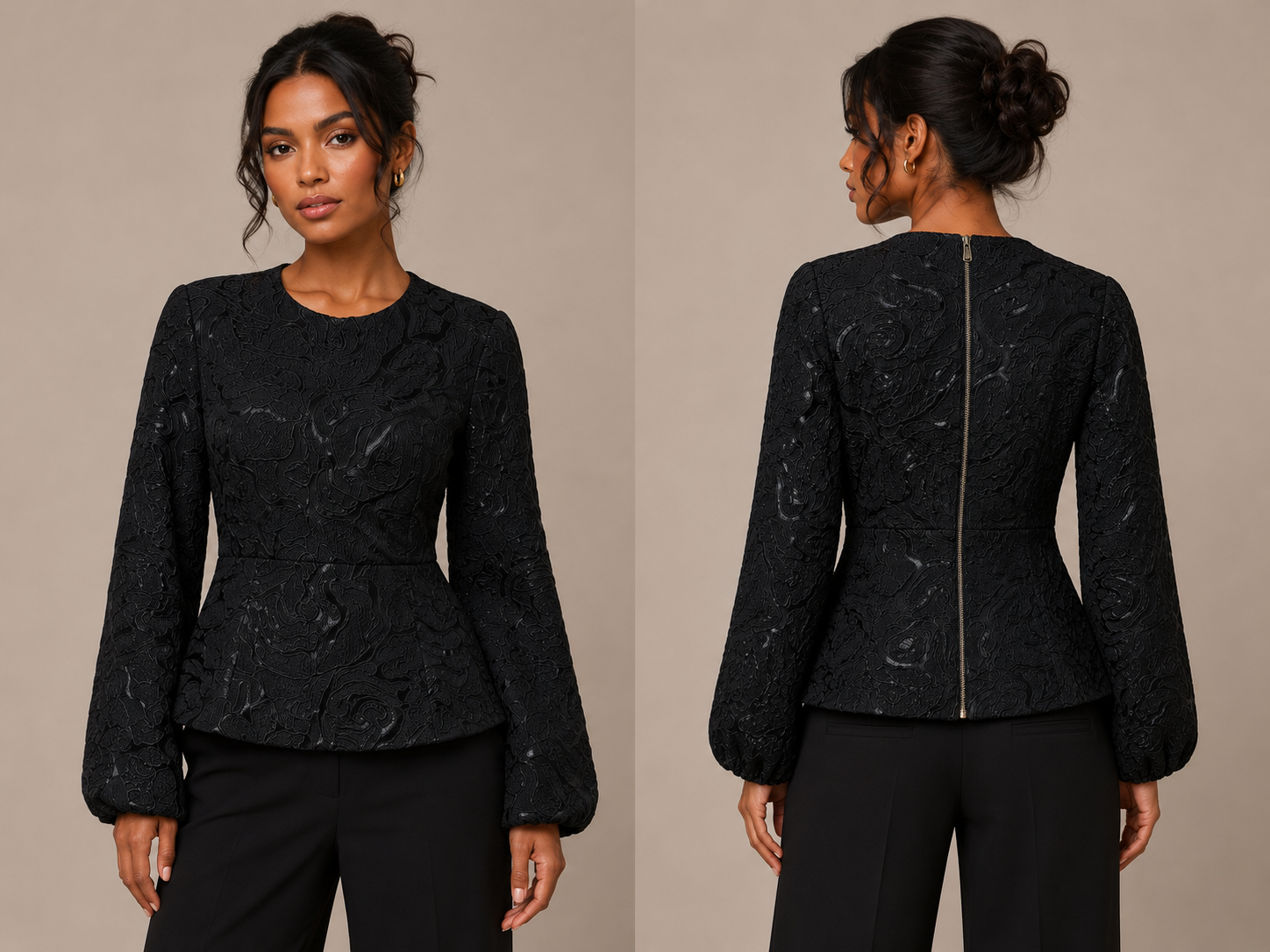 Black Brocade Balloon-Sleeve Peplum Top