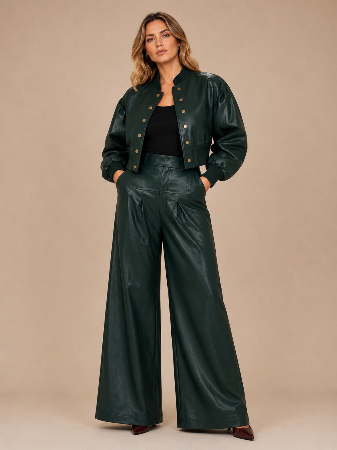Faux-Leather Bomber & Wide-Leg Pant Set