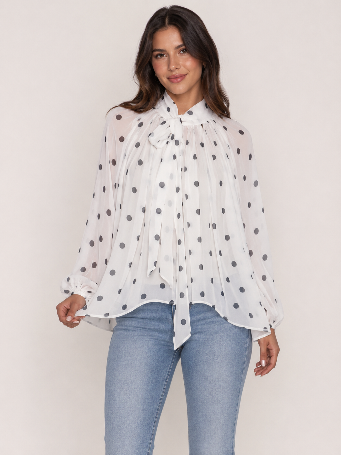White Polka Dot Bow Blouse
