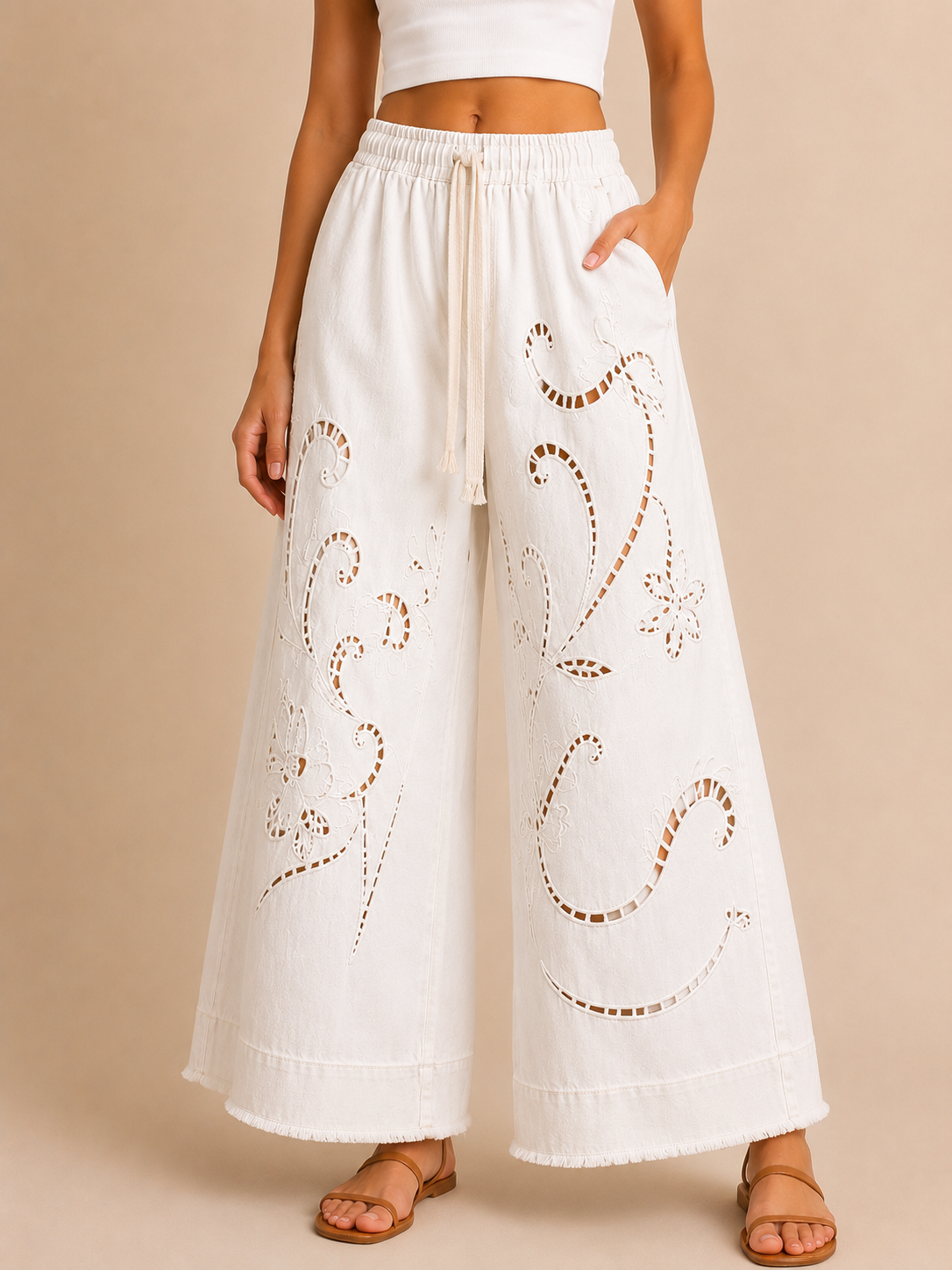 Eyelet Cutwork Wide-Leg Pants