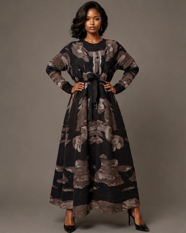 Mocha Abstract Belted Maxi