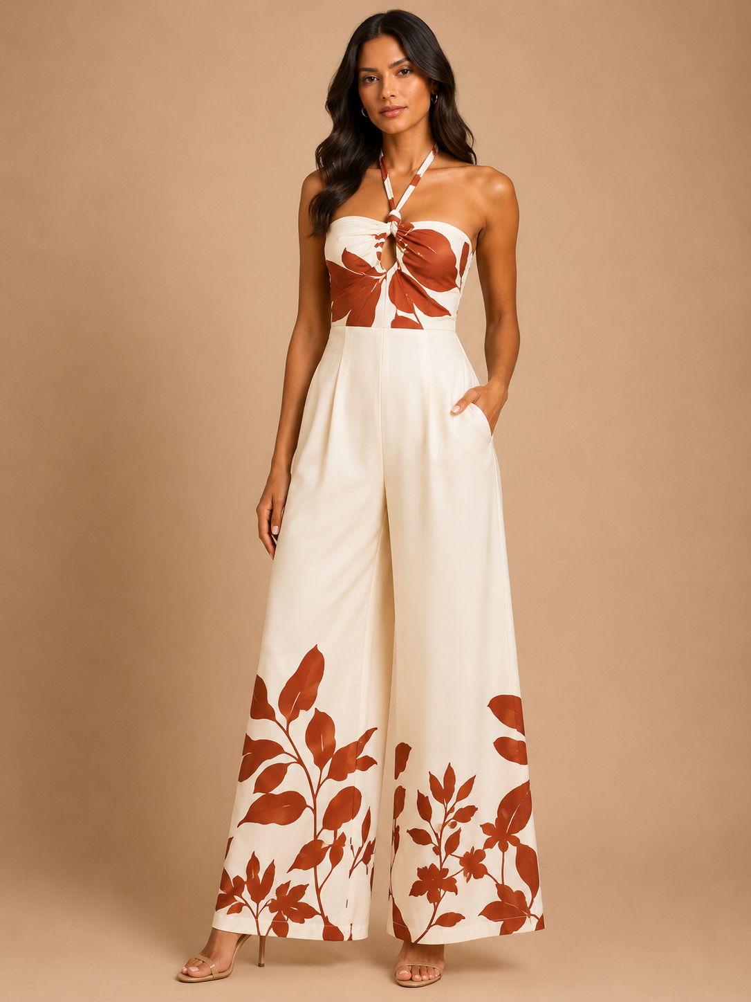 Terracotta Botanical Halter Jumpsuit