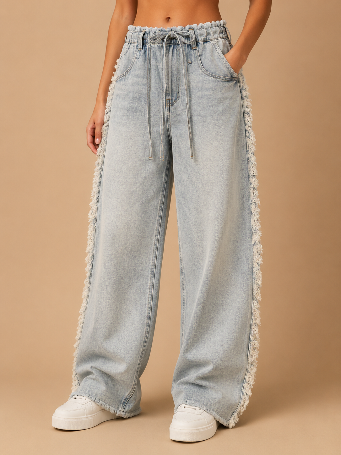 Frayed Paperbag Wide-Leg Jeans