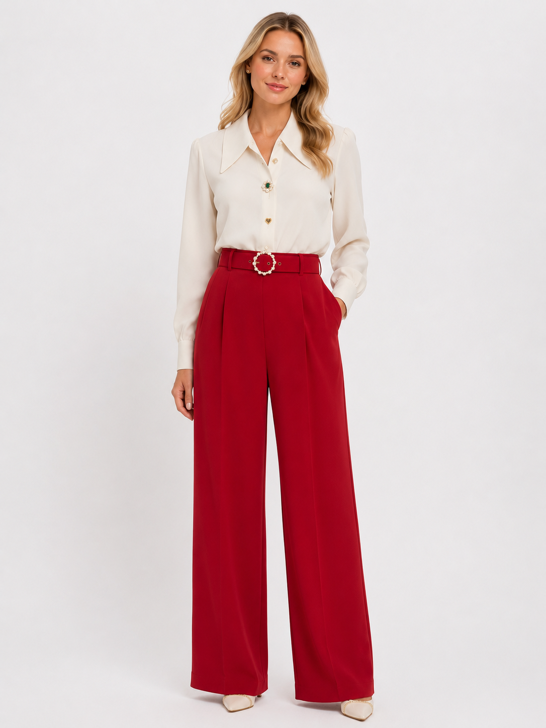 Pearl-Buckle Blouse & Wide-Leg Pant Set