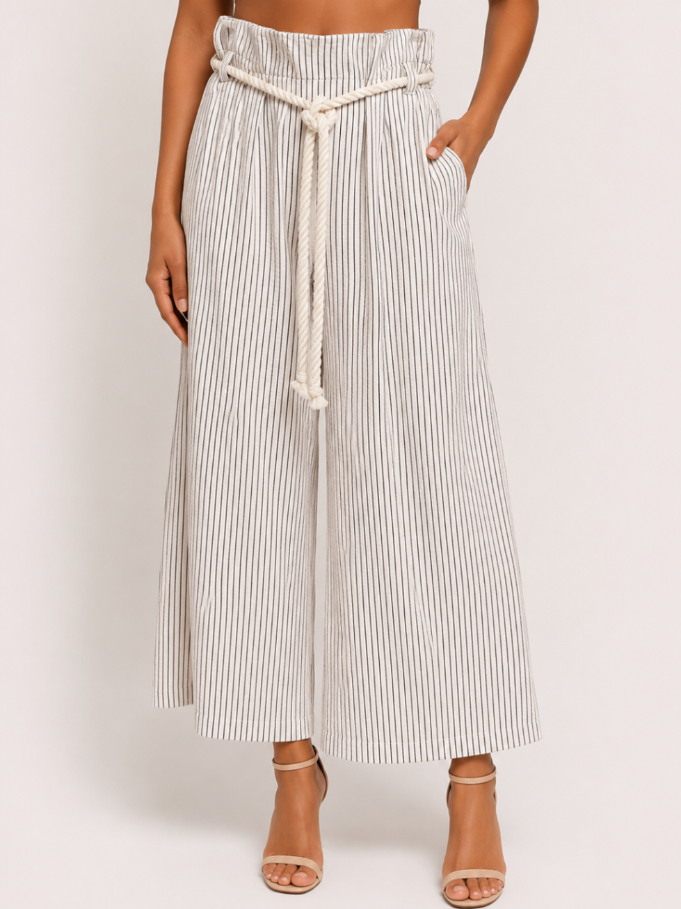 Ivory Pinstripe Rope-Belt Culottes