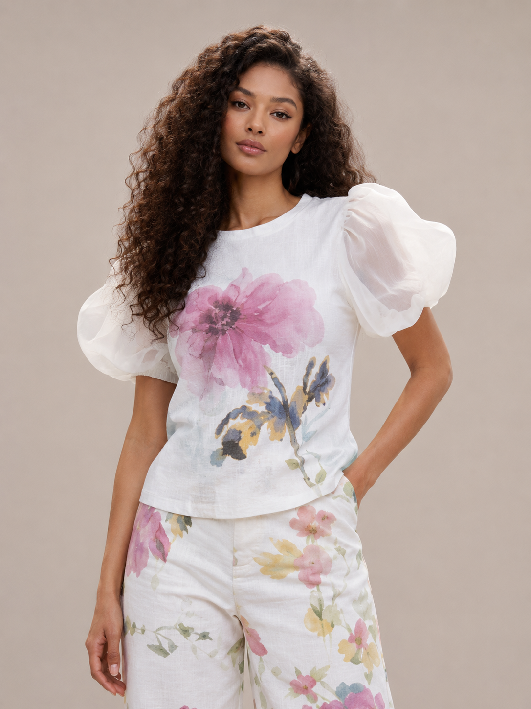 Watercolor Bloom Puff-Sleeve Top