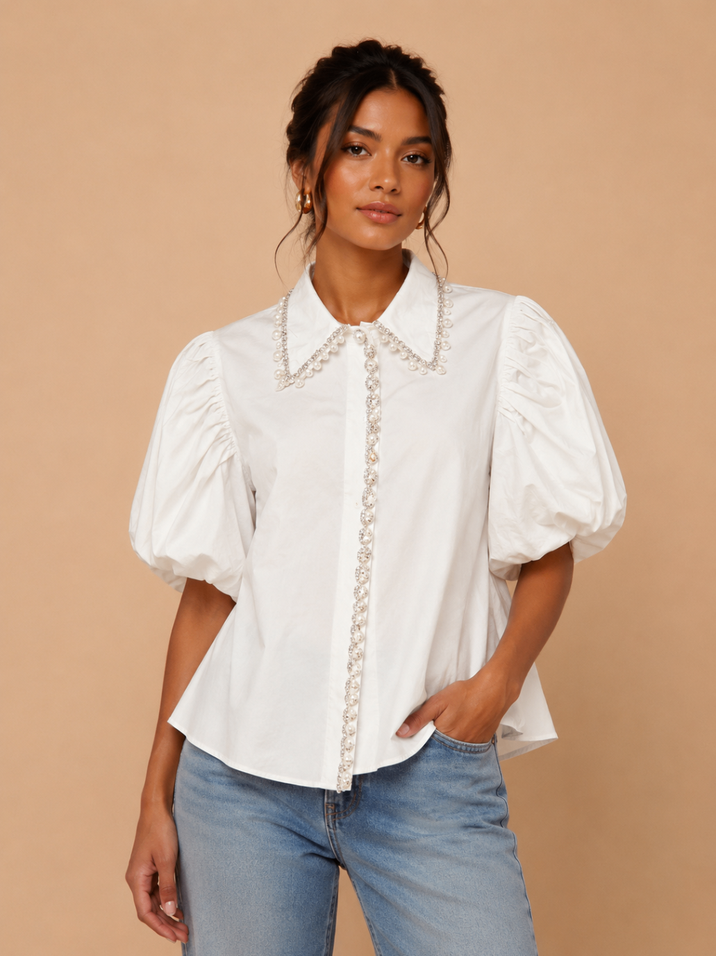 Pearl Trim Puff Sleeve Blouse