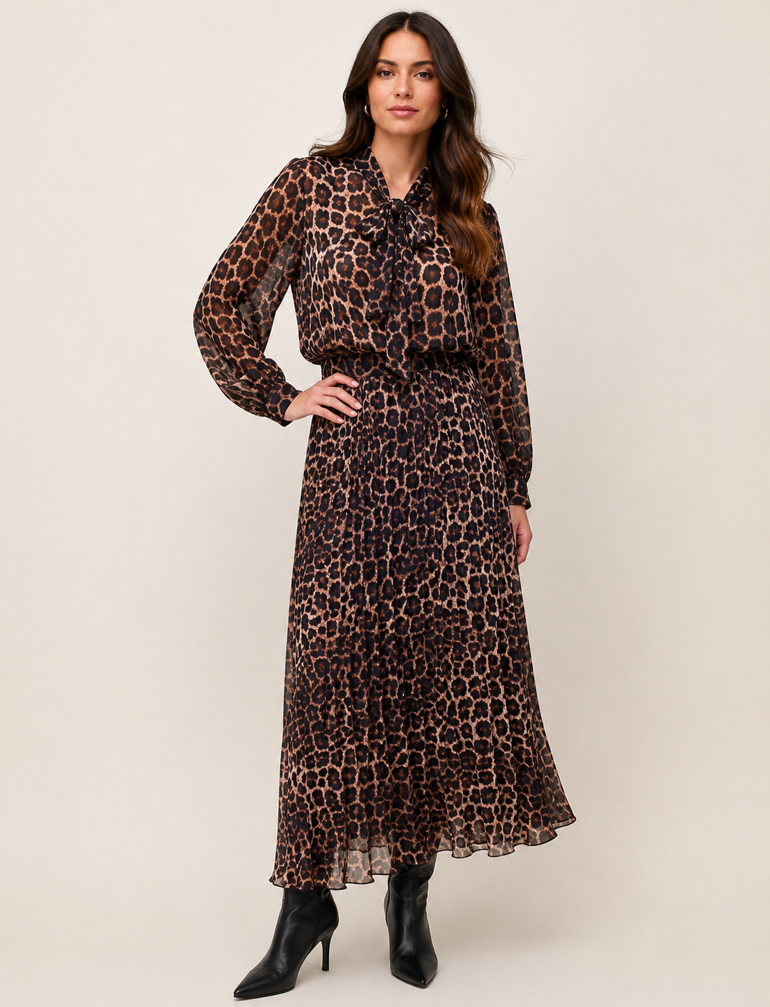 Leopard Chiffon Blouse & Pleated Skirt Set