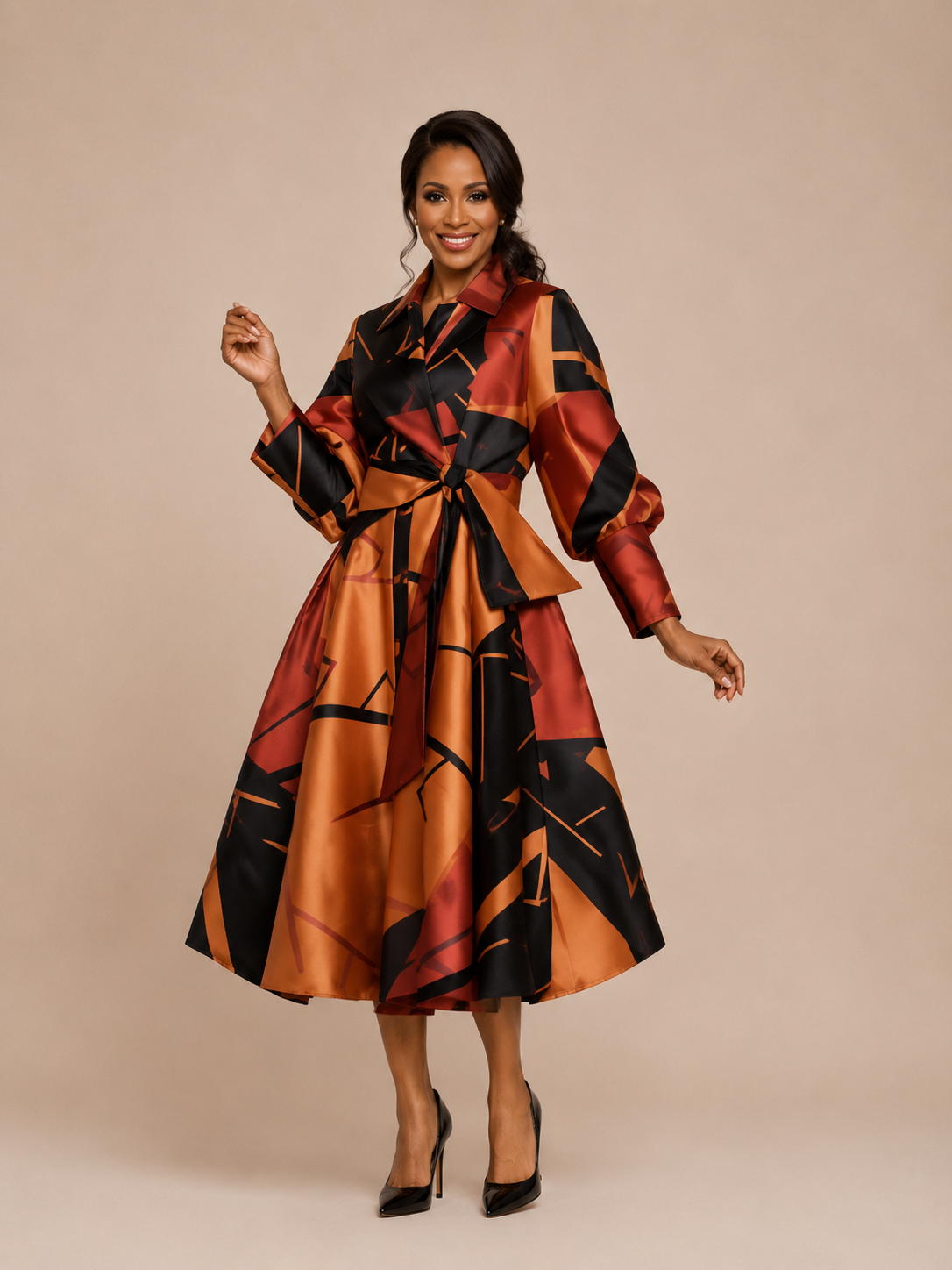Amber Abstract Belted Midi Dress