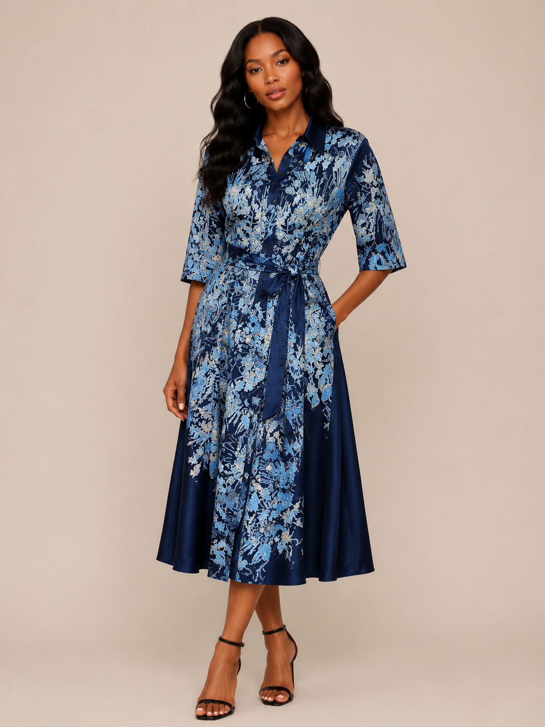 Navy Floral Satin Shirt Dress