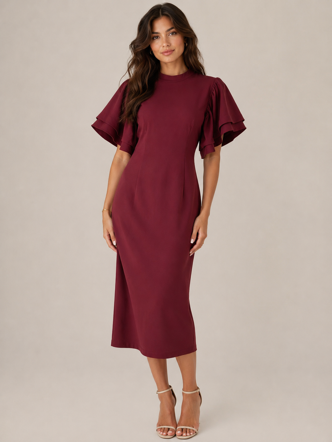 Burgundy Flutter Sleeve Midi Dress